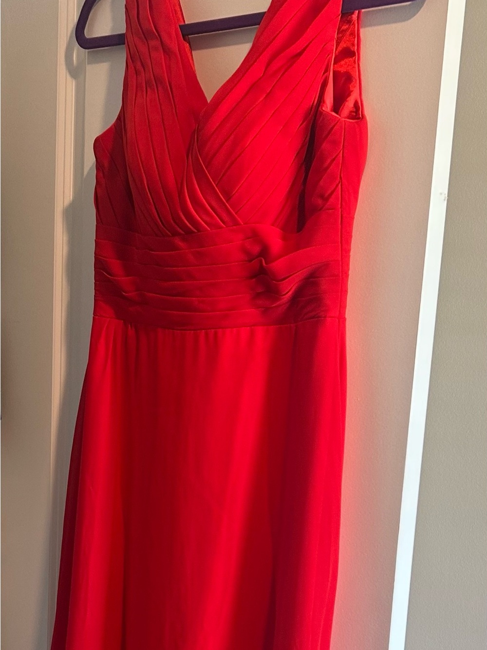 Red V-Neck Pleated Waist Evening Dress